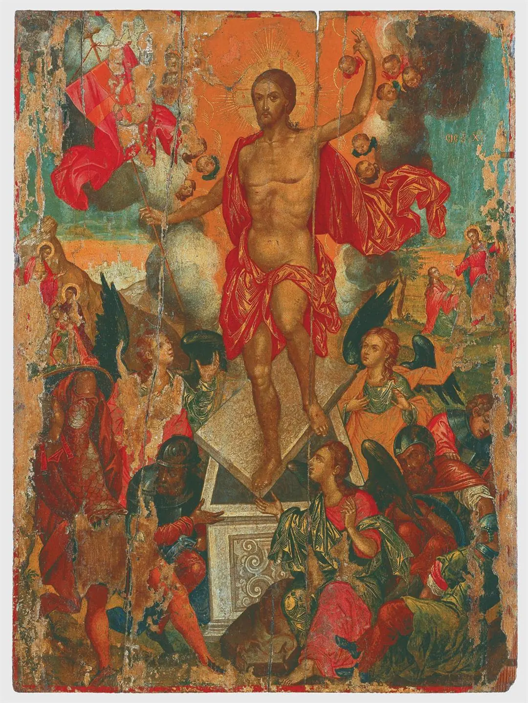 An icon of the risen Christ standing in light above the tomb, holding a banner, with soldiers scattered below.