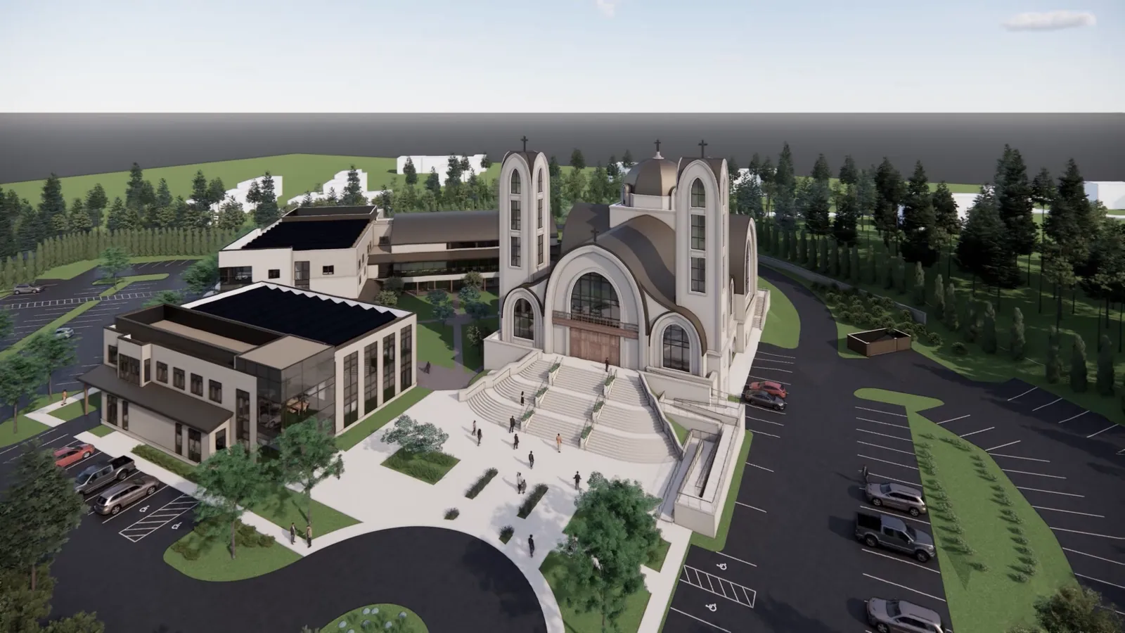 An aerial rendering from the south-west: the church with its two towers and broad steps, the diocese centre and youth centre beside it, and marked car parking wrapping around the site.