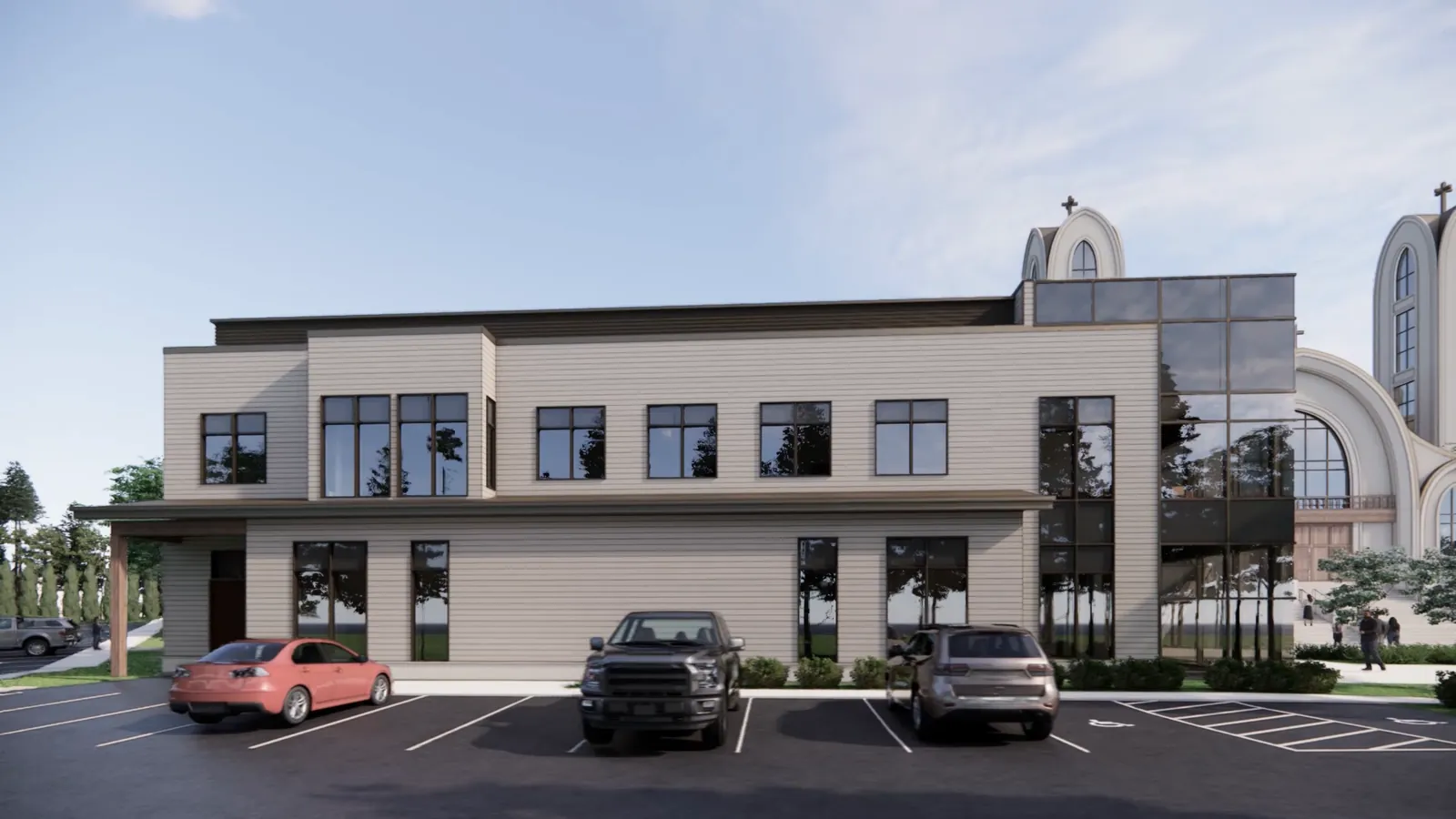 A rendering of a two-storey building with clapboard walls, a glazed corner and dark window frames, seen across a car park with the church behind it.