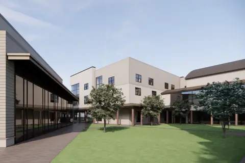 A rendering of a covered walkway on square columns running along a lawn, with a two-storey clapboard building above it.