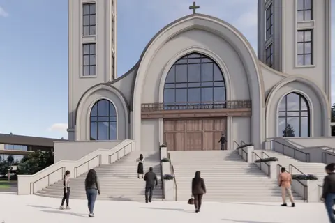 A rendering looking down the church steps from the top, across the car park to the trees beyond.