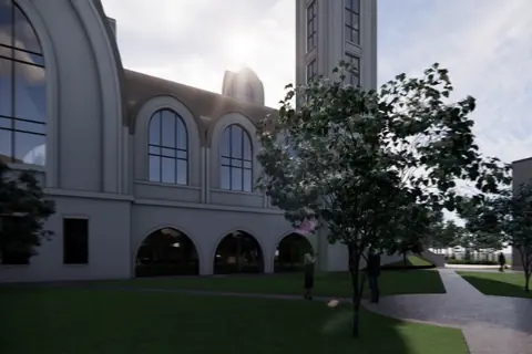 A rendering of the north side of the church: a row of tall arched windows under a barrel-vaulted roof, with a tower beyond and lawn in front.