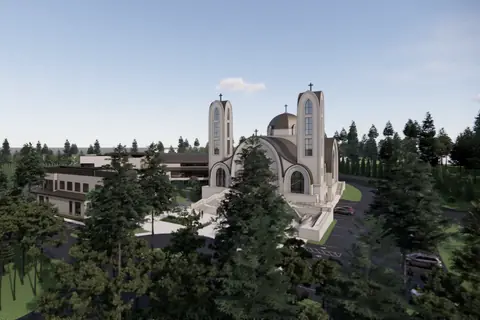 A rendering of the church seen at a distance between tall pines, its two towers and dome above the treeline.