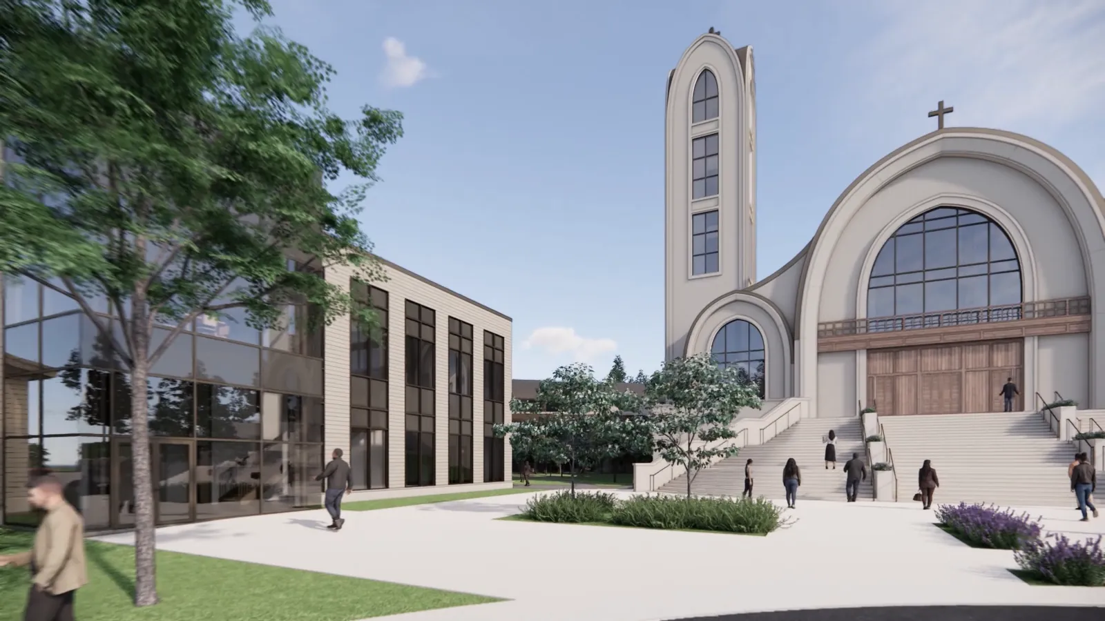 A rendering looking across a paved courtyard: a glazed two-storey building on the left, the flank of the church with its arched windows and tower ahead, and people walking between them.