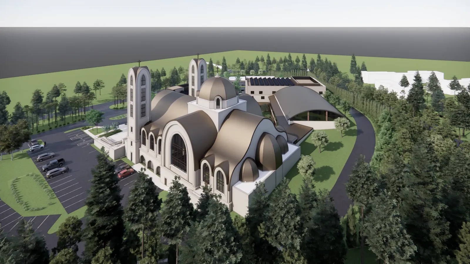 An aerial rendering of the whole site: the domed church at the centre with barrel-vaulted roofs, the long youth centre behind it, the diocese centre in front, and car parking around the edges.