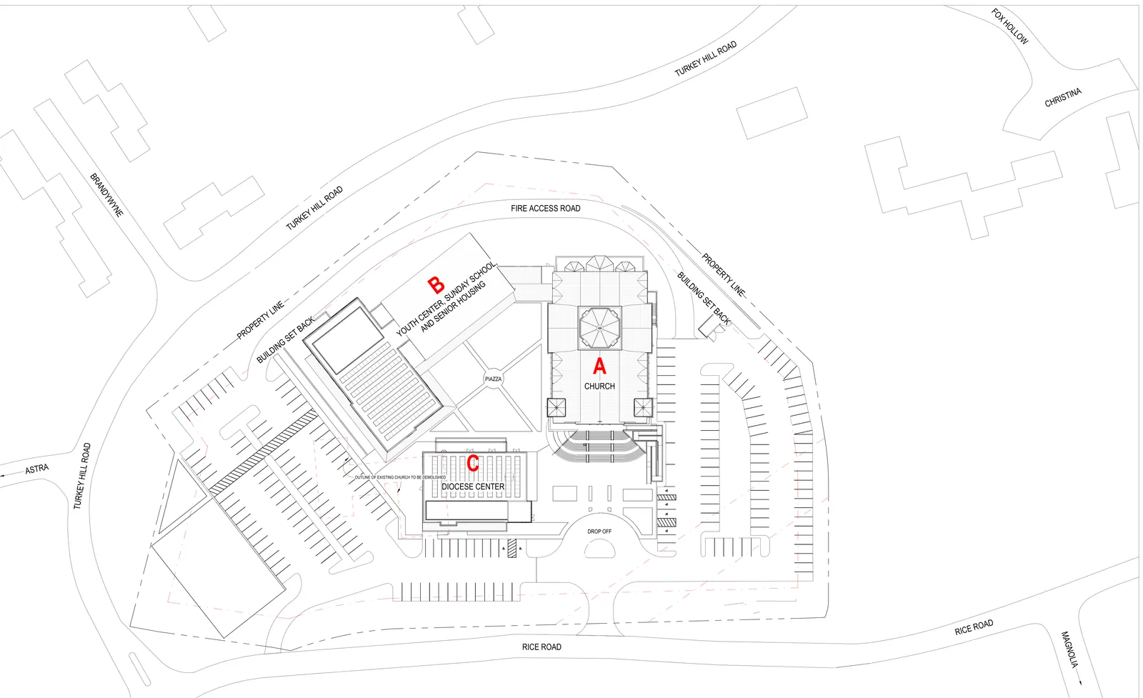 An architectural site plan showing three labelled building footprints, a piazza between them, drives and car parking, a fire access road, the property line and setbacks, and the surrounding streets.