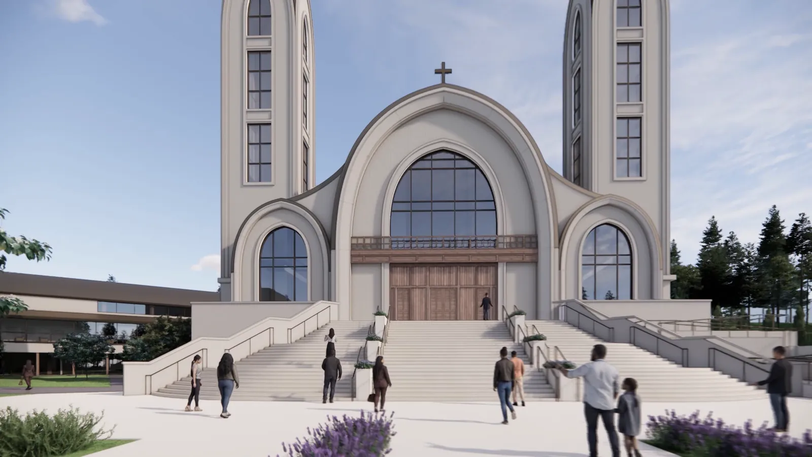 A rendering of people walking up a broad flight of stone steps toward the arched doors of the church, with planting either side and a handrailed ramp at the edge.