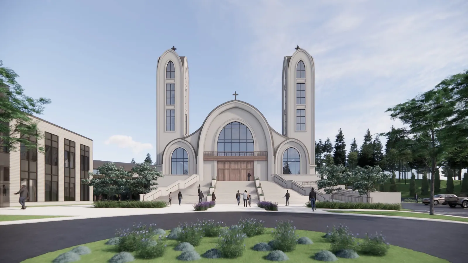 A closer rendering of the west front: a deep recessed arch over tall glazing and timber doors, flanked by two towers of narrow arched windows.