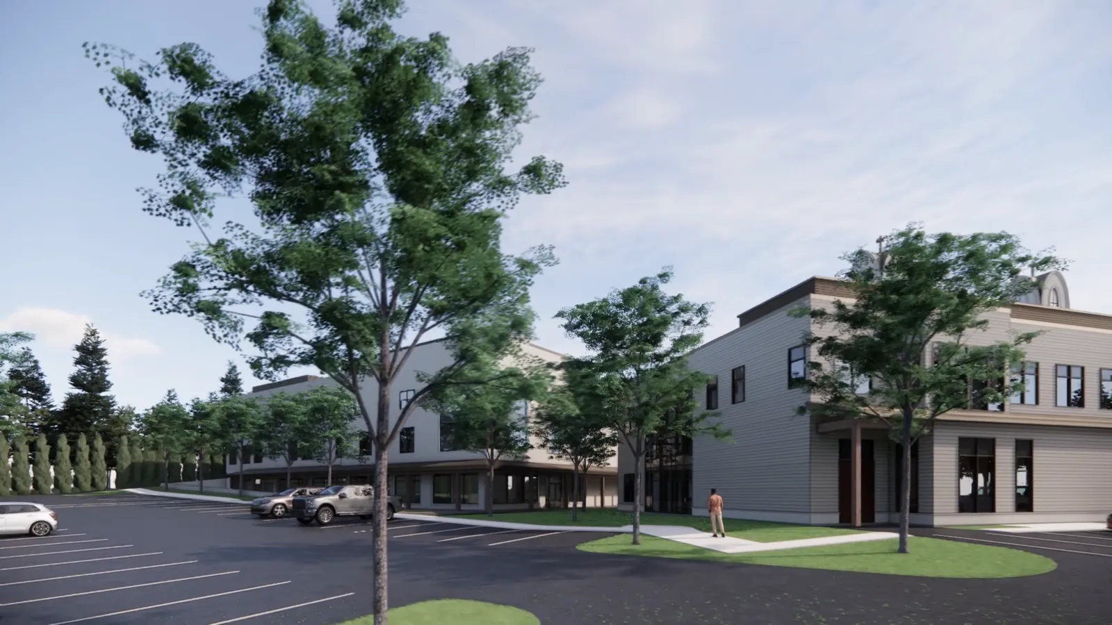 A rendering of a long two-storey clapboard building with a covered walkway running its length, trees and a car park in front.