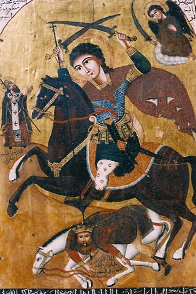 A Coptic icon of a young soldier on a black horse, a sword raised in each hand, an angel above him holding out one of them, and a crowned man falling under the horse’s hooves.