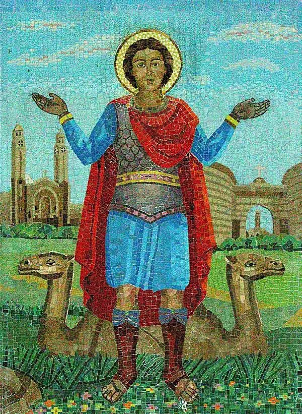 A mosaic of a young soldier in a red cloak and blue tunic, both arms raised open at his sides, with a camel kneeling on either side of him and a church in the distance behind.