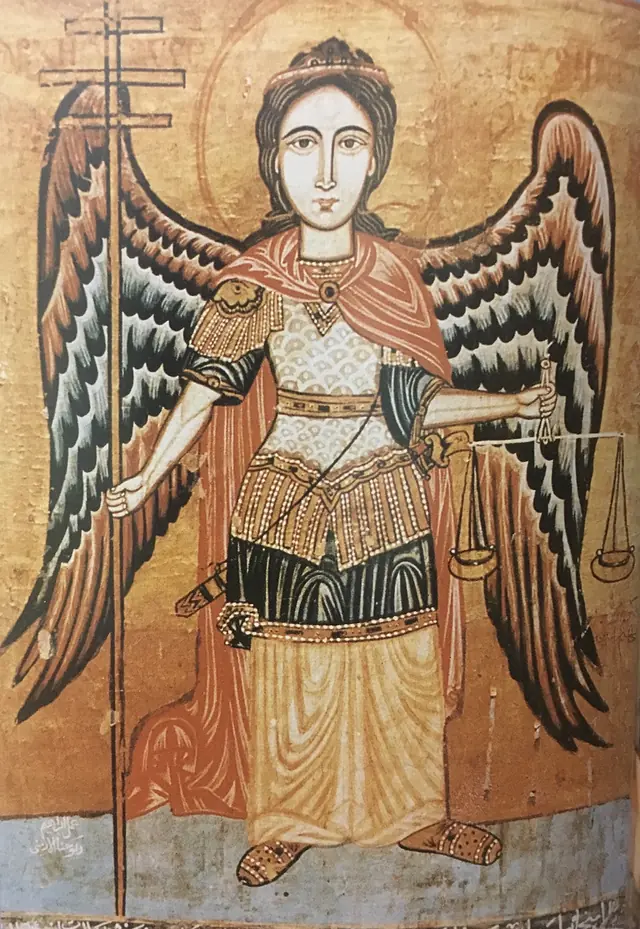 A Coptic icon of the Archangel Michael holding a scale, with large eyes and a flat gold ground.