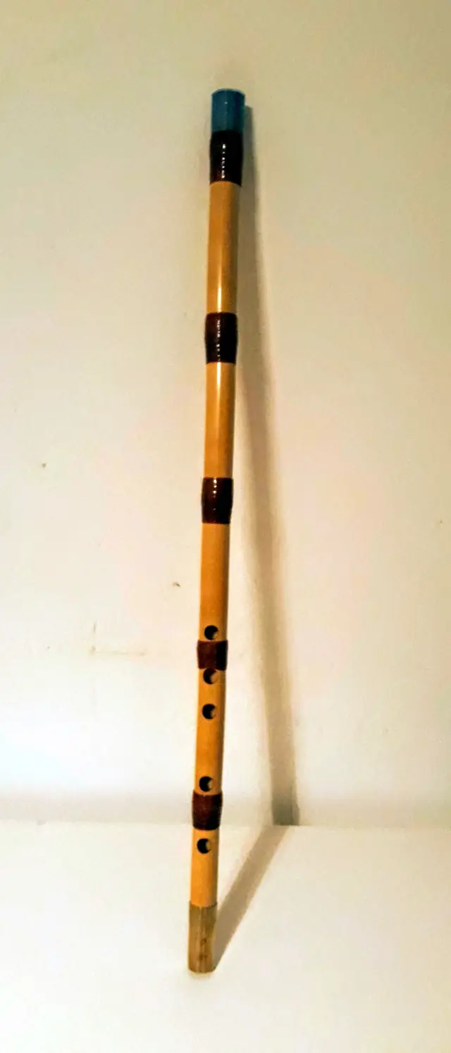A long reed flute with six finger holes, laid vertically against a plain ground.