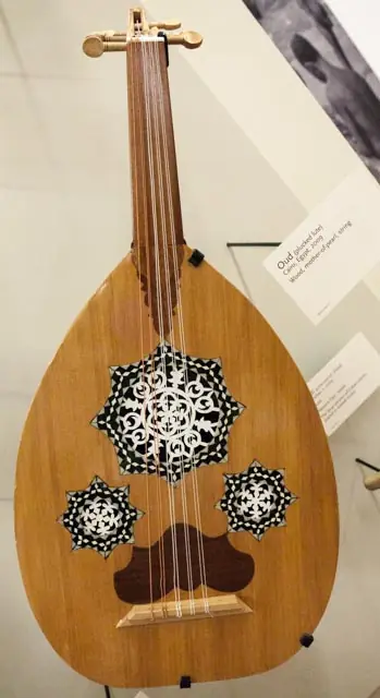 A pear-shaped stringed instrument with a bent-back neck and a decorated soundhole.