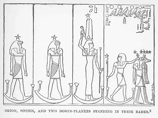 A drawing from an Egyptian tomb ceiling showing figures standing in boats among stars.