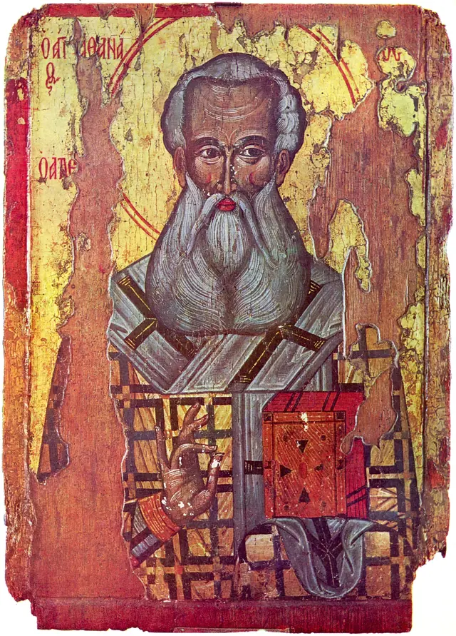 A painted icon of St. Athanasius in bishop’s vestments, holding a book.