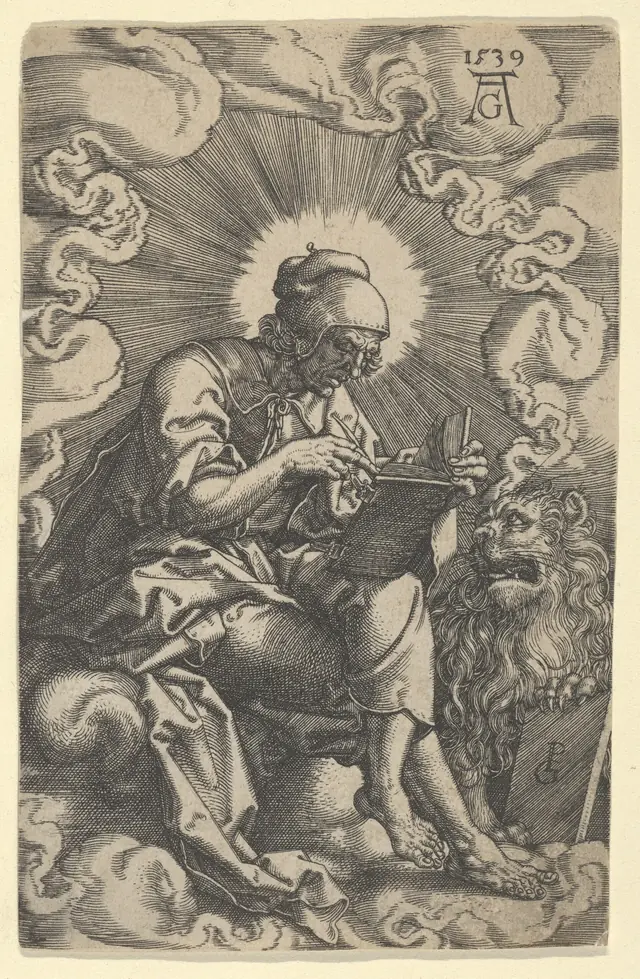 An engraving of St. Mark seated with a book, a winged lion beside him.