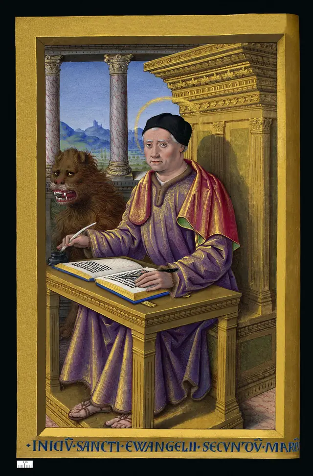 An illuminated manuscript page of St. Mark writing, with a winged lion at his feet.