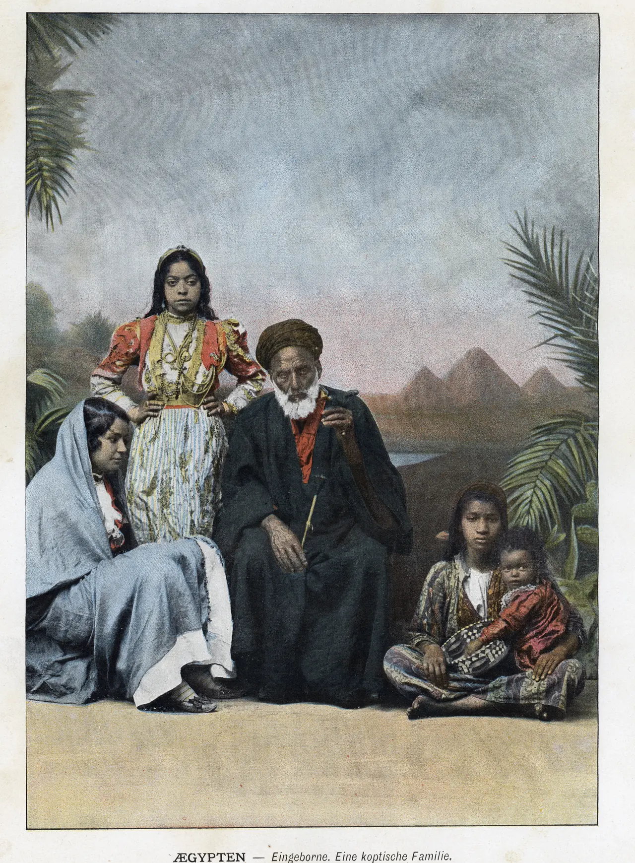 A hand-coloured print of five people — an old bearded man seated with a staff, two women, a girl and a small child — posed together in Egyptian dress.